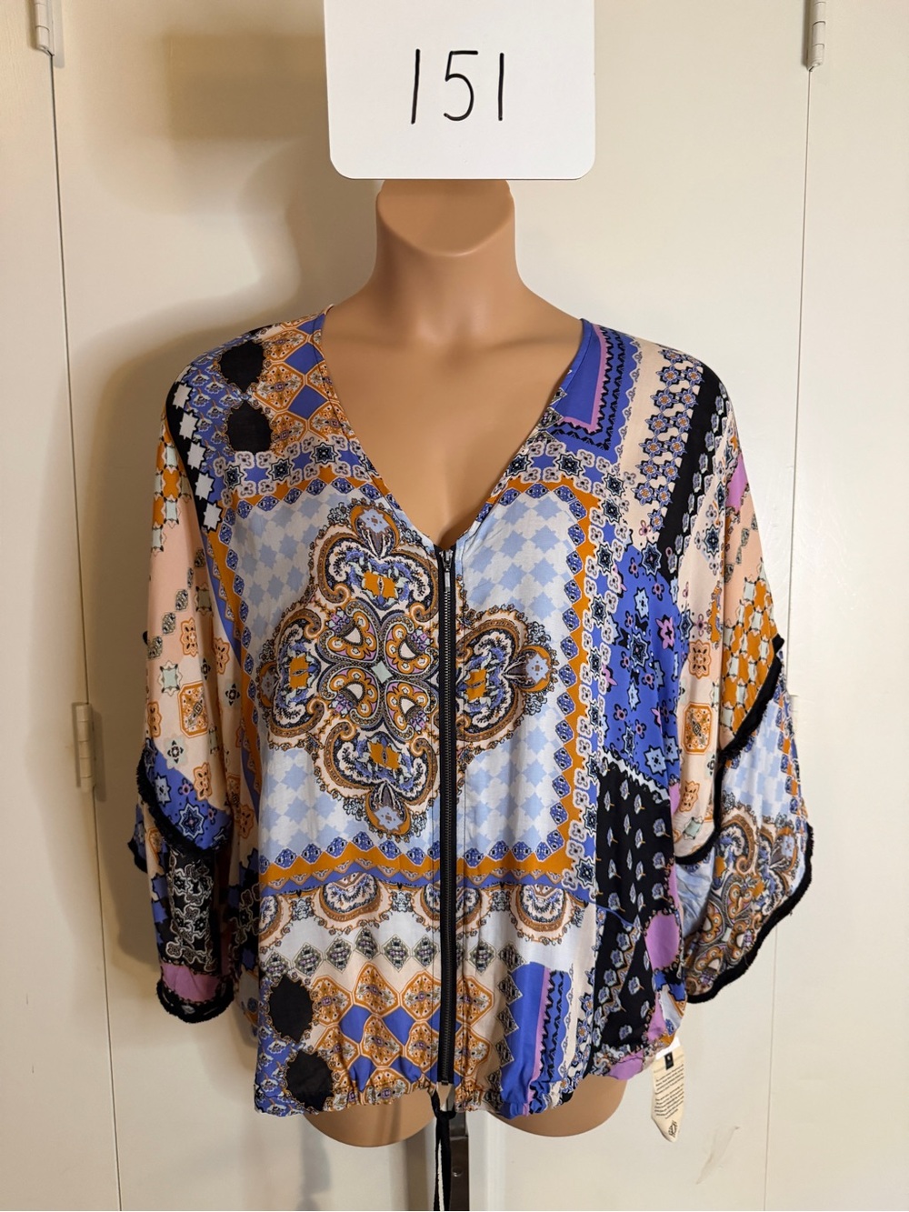 Democracy Patchwork Zip-Front Blouse in Blue, Purple and Cream